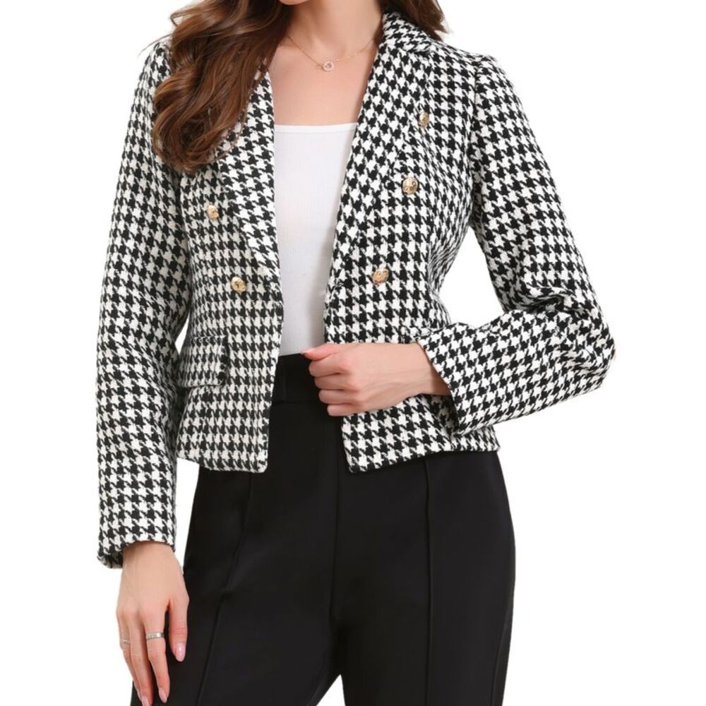 Women Cropped Business Casual Houndstooth Blazer Suit Jackets Black